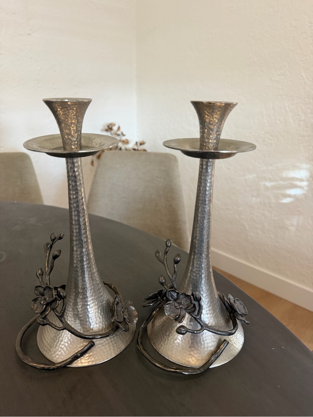 Michael Aram Hammered Silver Floral Candlestick Pair